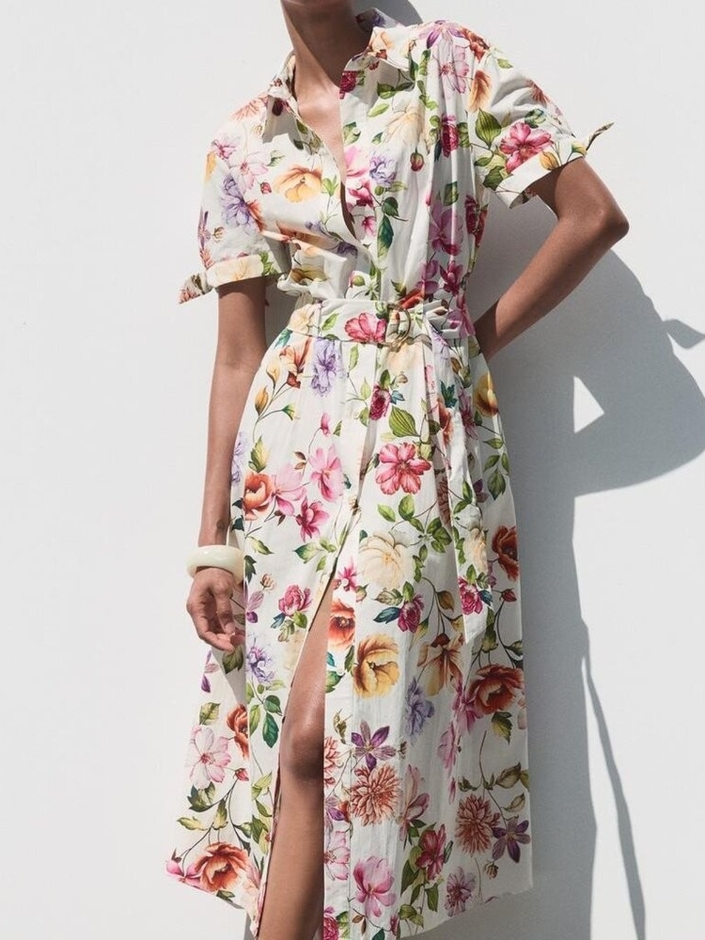 Zara Floral Button-Front Shirt Dress with Belt Poplin Print Tie Sleeves